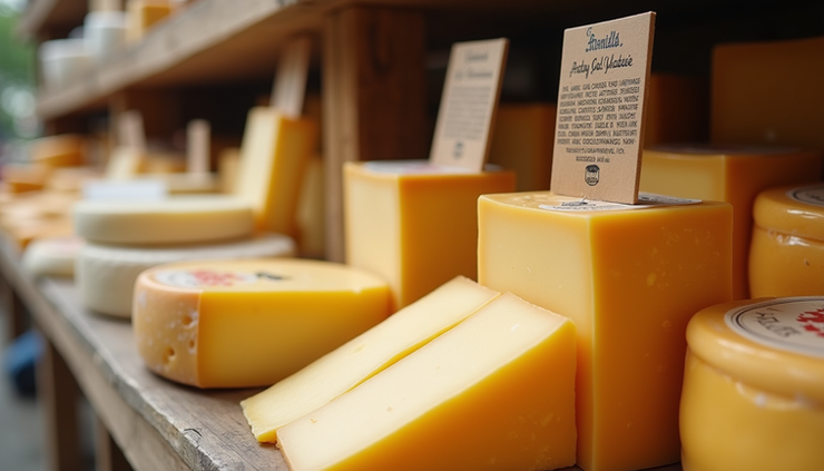 Vue rapprochée d’un étal de fromages locaux du Lot avec des étiquettes artisanales