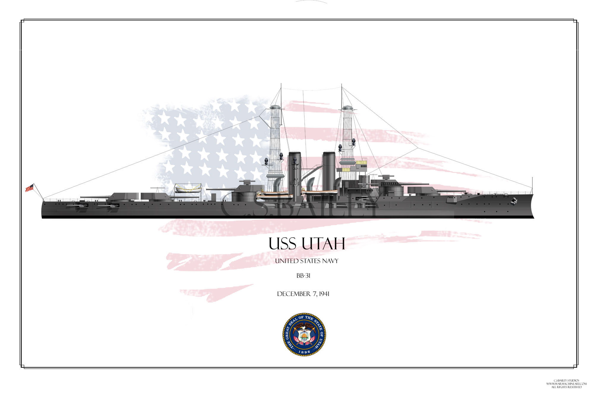 USS Utah BB-31 1920s WL print