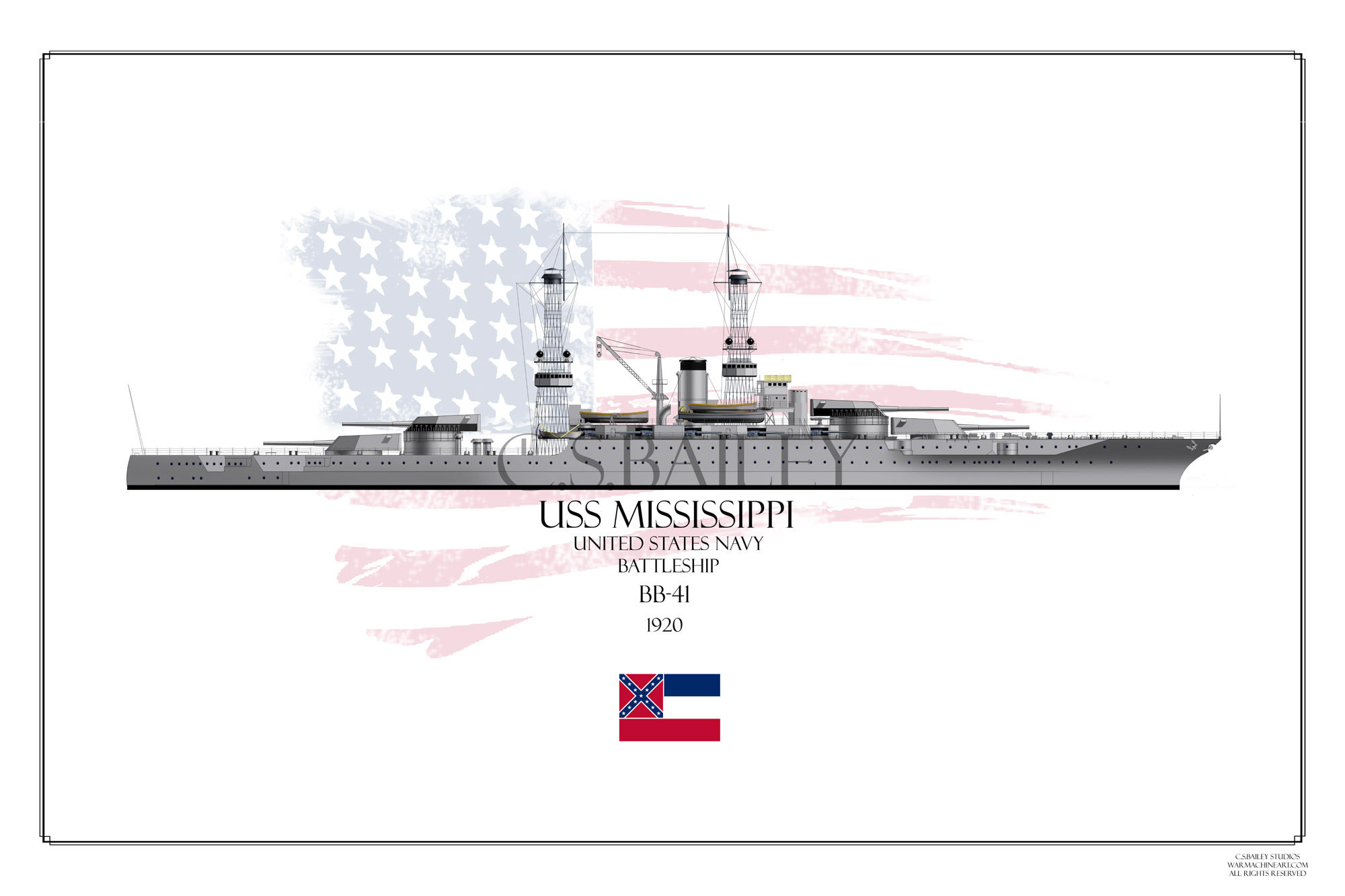 USS Mississippi  1920's WL print