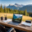Desk top with laptop and work against a backdrop of Kootenay mountains.jpg