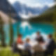 People at meeting table with Moraine Lake in background