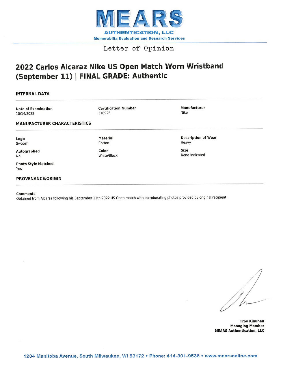 Miniature : Carlos Alcaraz Match Worn 2022 US Open Final Championship Point Wristband