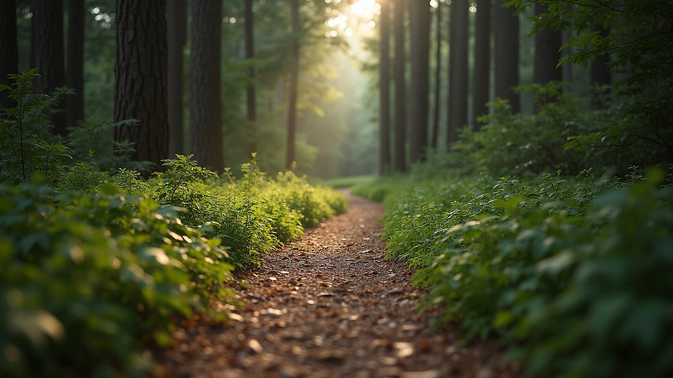 Eye-level view of a winding forest path symbolizing a personal journey