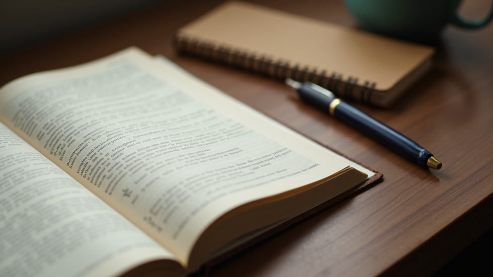 High angle view of an open book and notepad on a desk
