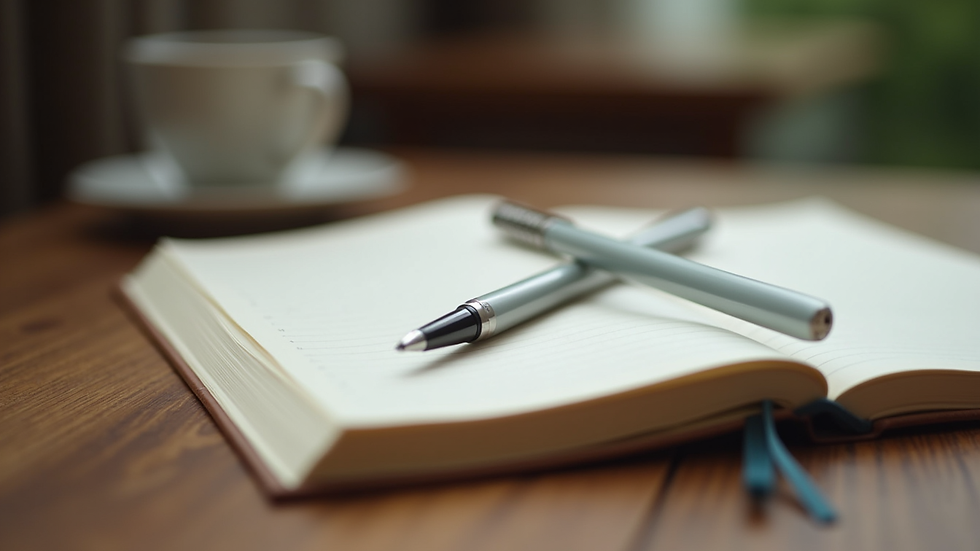 Close-up view of a journal and pen on a wooden table, symbolizing emotional reflection