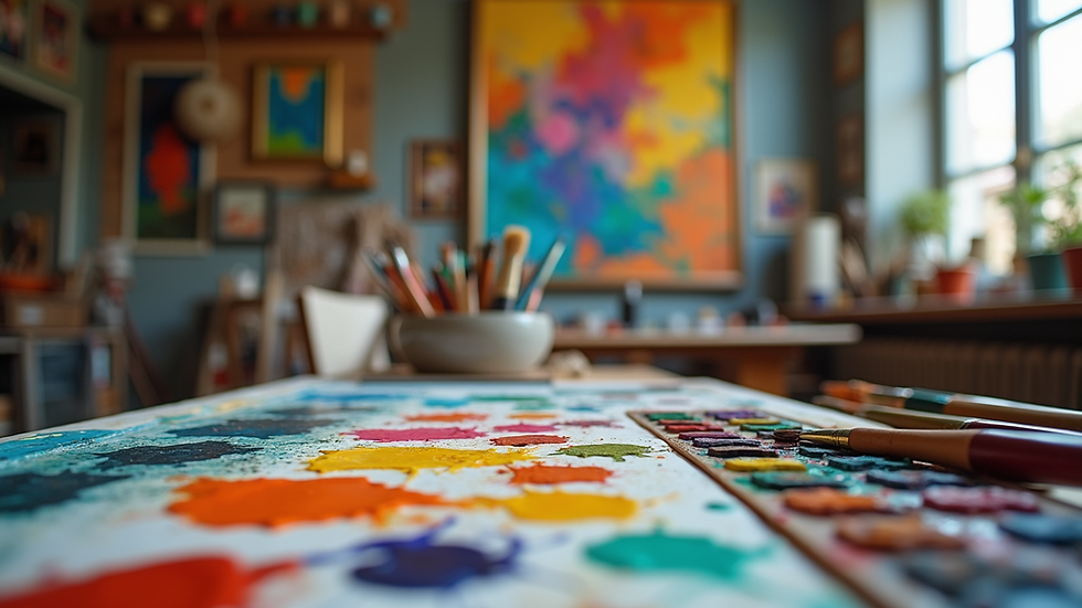 Eye-level view of a colorful art studio with various painting supplies