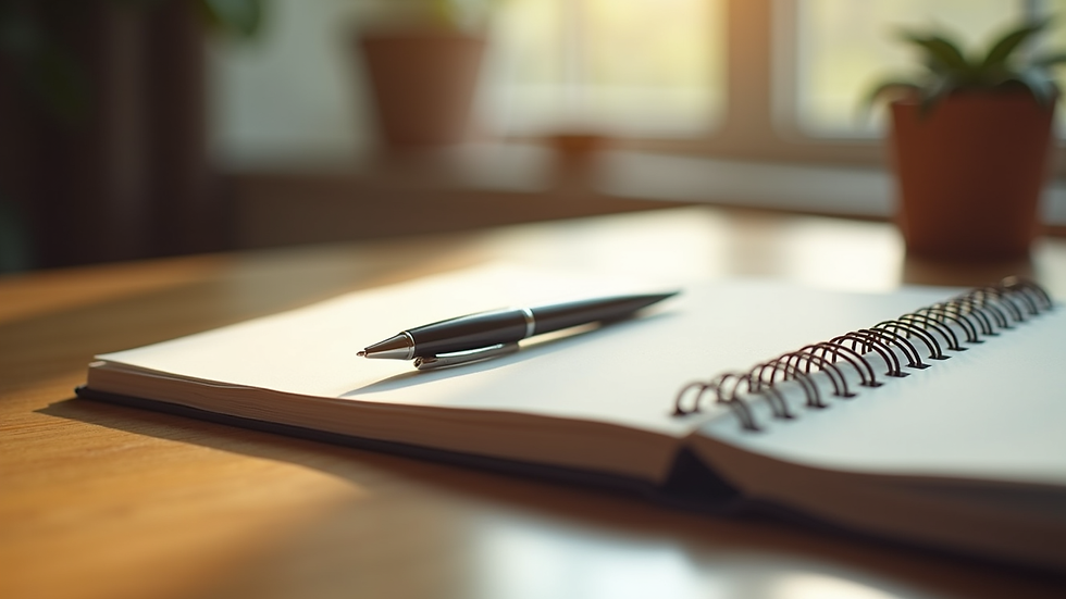 Close-up view of a journal and pen on a wooden table with soft natural light