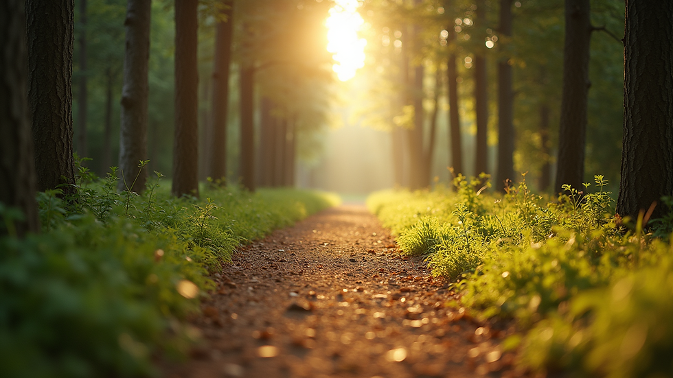 Eye-level view of a serene forest path bathed in soft sunlight