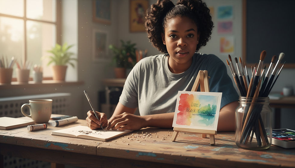 Eye-level view of a student writing an artist statement beside a watercolor painting