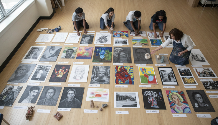 Overhead view of labeled student artworks arranged on a classroom floor.