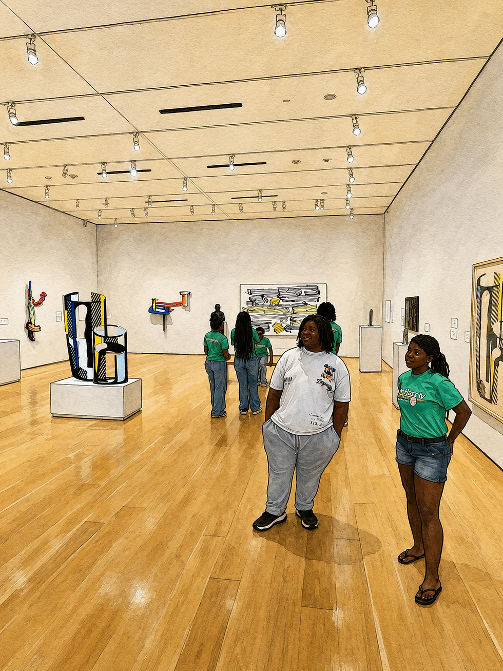 Overhead view of a gallery floor plan with sketched paths and artwork placements.