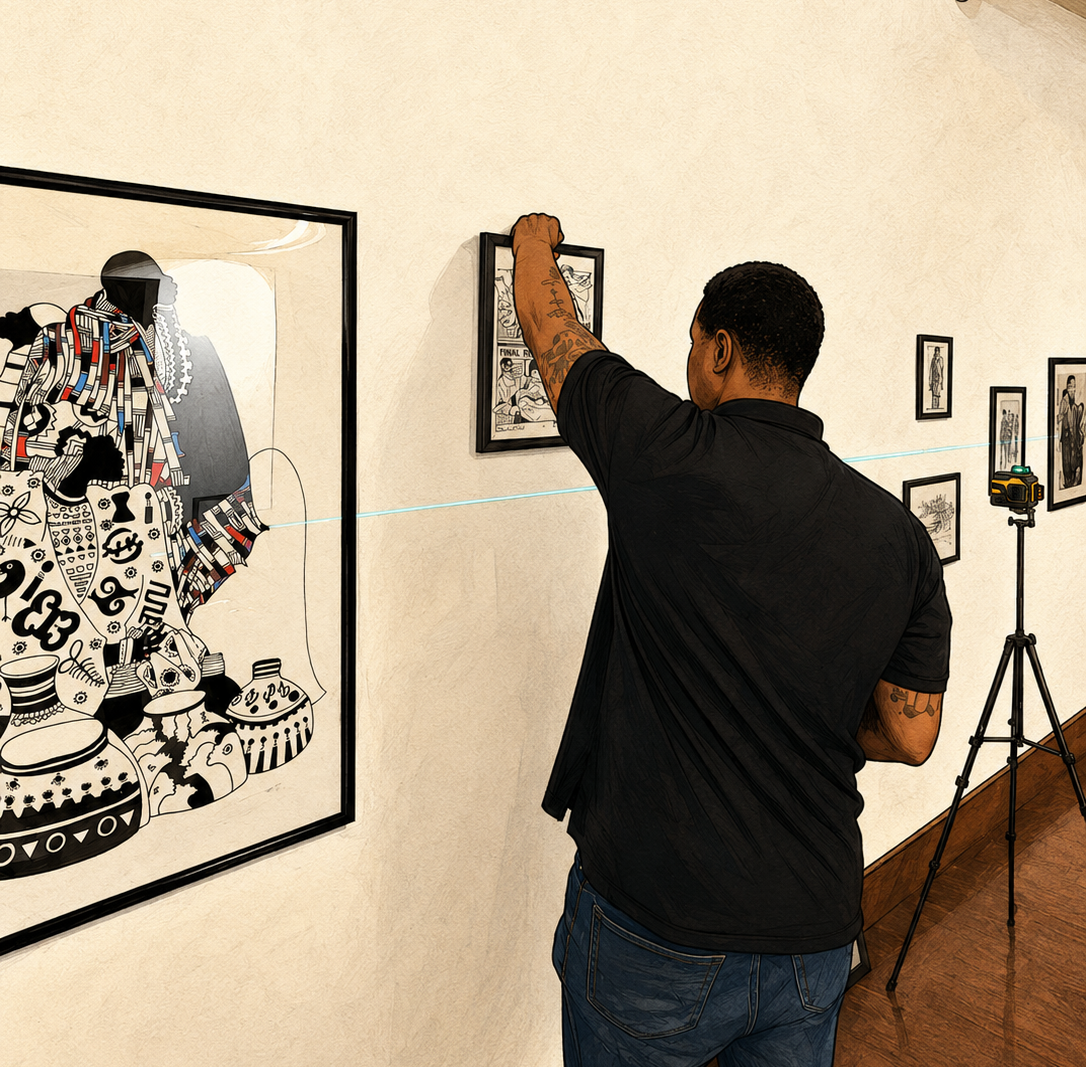 Close-up view of careful hands placing a small artwork on a gallery wall.