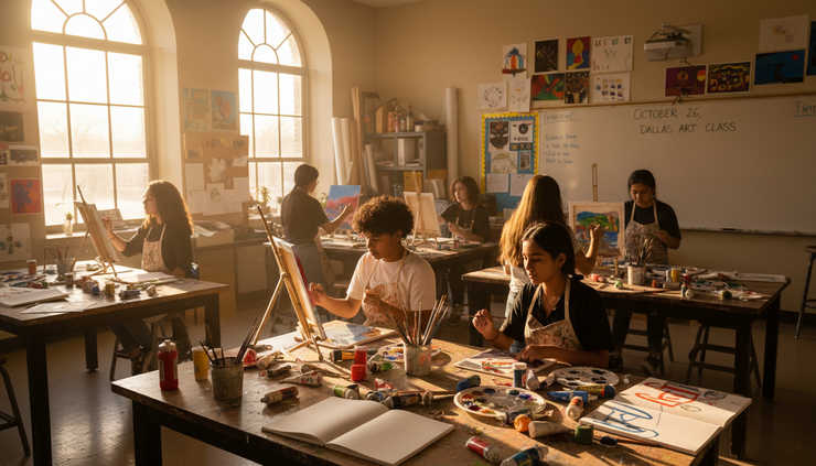 Wide-angle view of students painting together in a sunlit high school art room