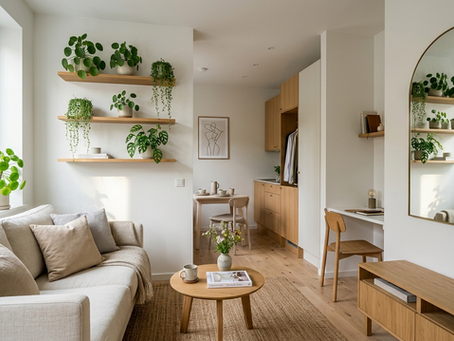 Décoration intérieure d'un petit studio lumineux de style Japandi avec un canapé beige, des étagères en bois ornées de plantes vertes suspendues et un grand miroir arqué sur le mur latéral.