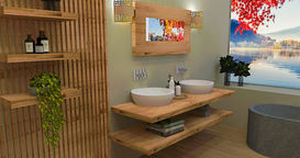 Aménagement de salle de bains minimaliste d'inspiration japonaise. Utilisation de bois clair et de lignes épurées pour créer un espace de détente Feng Shui, zen et harmonieux.