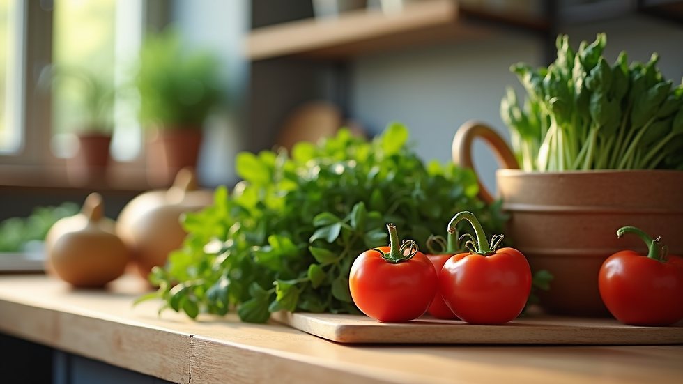 Close-up of a kitchen counter with fresh vegetables and cooking ingredients