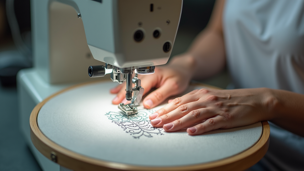 High angle view of a class learning machine embroidery techniques