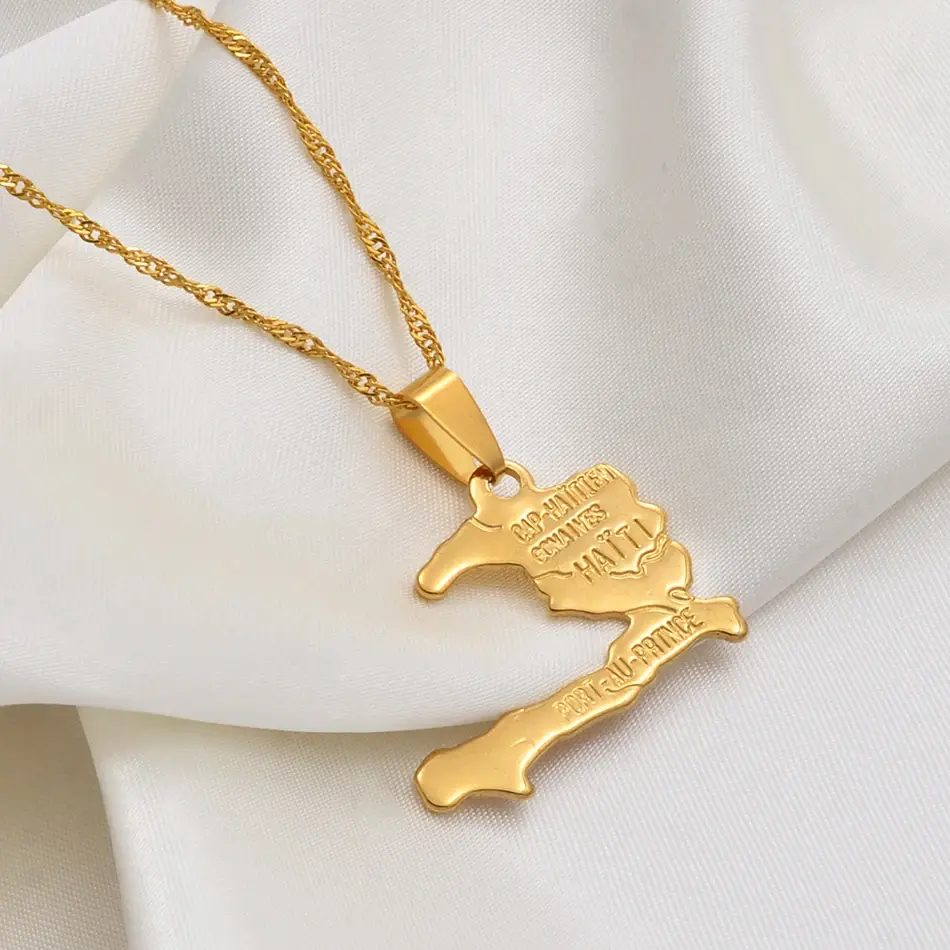 Thumbnail: Anniyo Haiti Map Necklace Pendants for Women Girls,Gold Color Ayiti