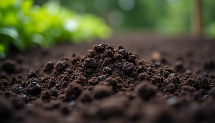 Close-up view of rich, dark compost soil in a garden bed