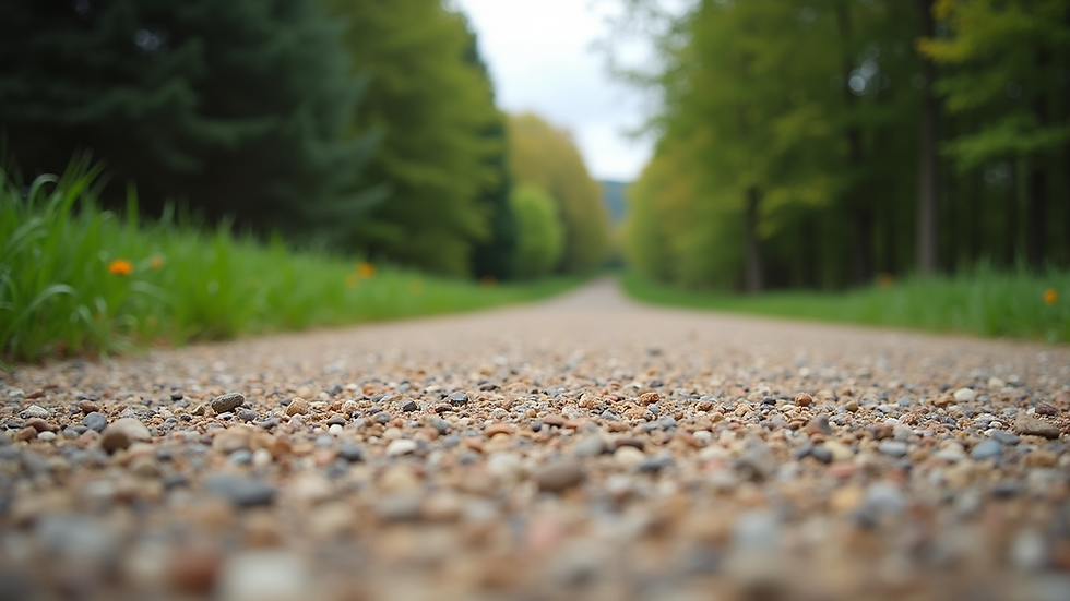 Eye-level view of a gravel driveway with crushed stone