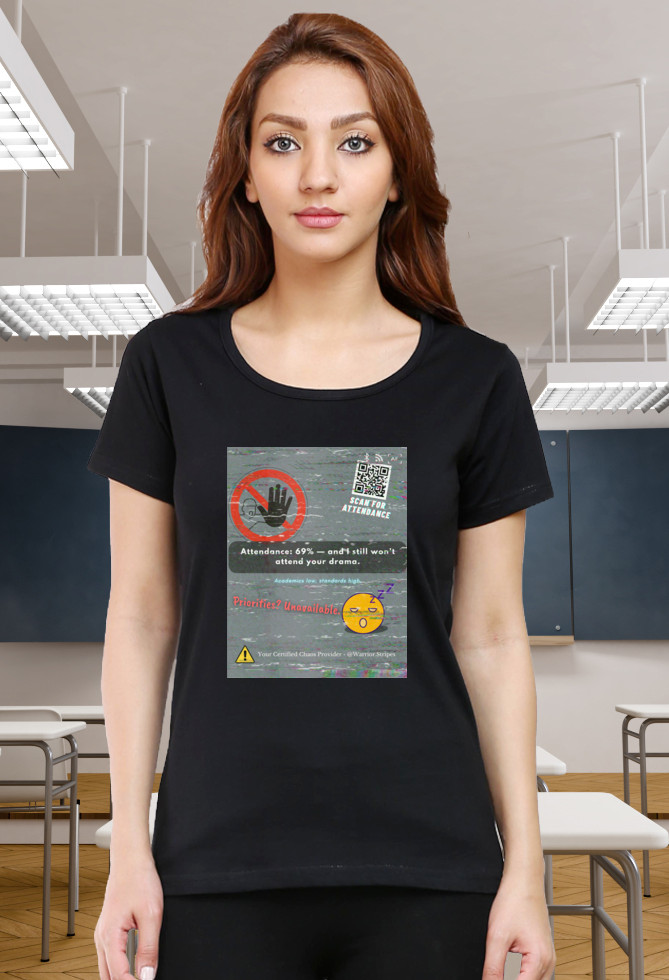 Bold black t-shirt featuring a rebellious glitch design and 69% attendance flex. Perfect for passive-aggressive drip.