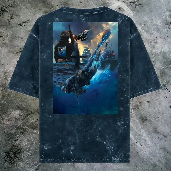 Navy blue oversized tee with naval warrior theme, acid-washed finish, and dramatic battle print on back – BLAK Vault edition