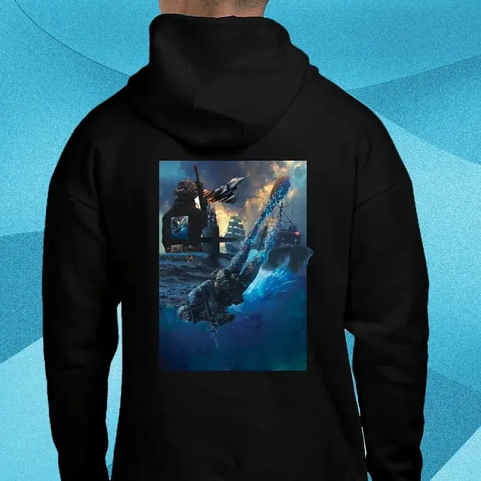 Warrior Stripes black oversized hoodie featuring detailed Indian Navy battle scene graphic on back unisex streetwear fashion