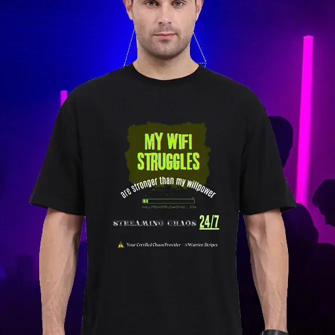 Black unisex T-shirt with neon green “My WiFi Struggles” graphic by Warrior Stripes.