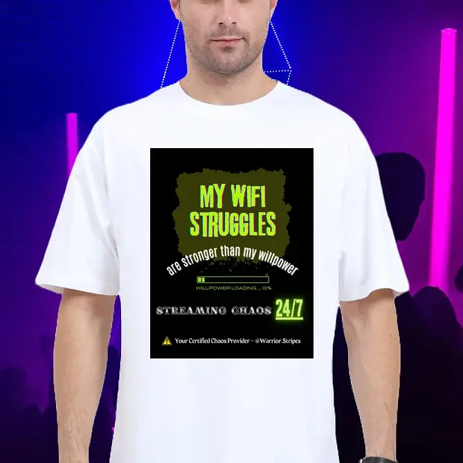 White unisex T-shirt with neon green “My WiFi Struggles” graphic by Warrior Stripes.