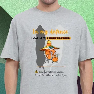 Certified Chaos oversized grey melange streetwear t-shirt with “In My Defence I Was Left Unsupervised” bold print, soft fit.