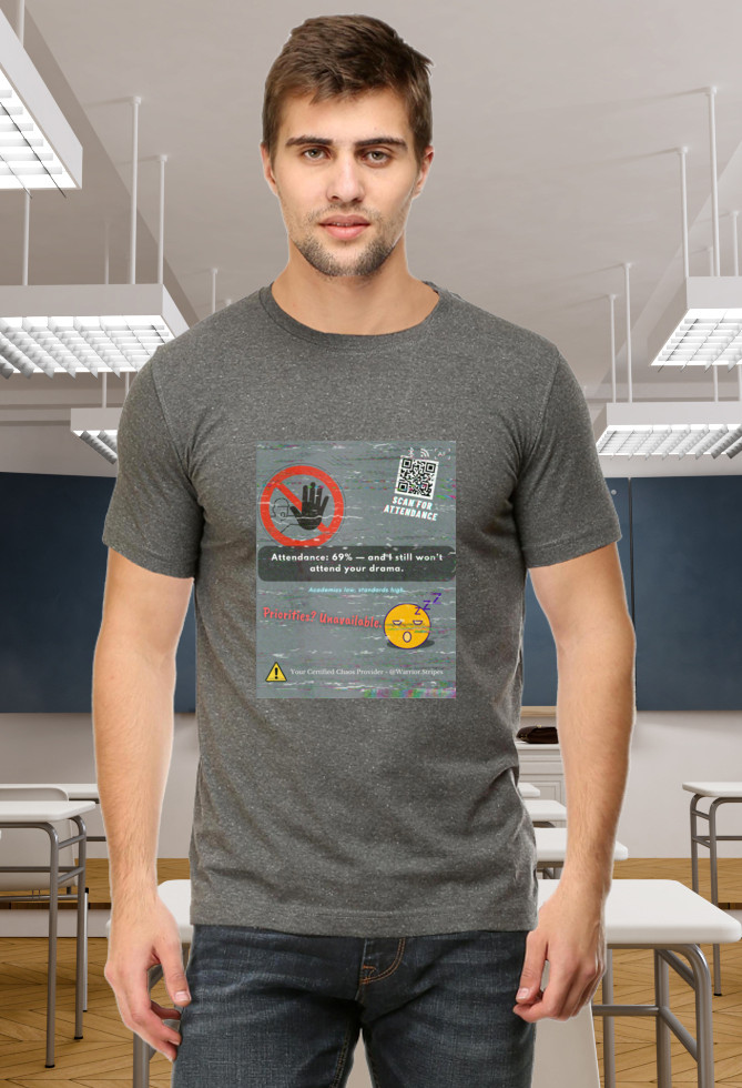 Charcoal glitch graphic tee with edgy sarcasm and embedded QR code. Bio-washed cotton for chaos comfort.