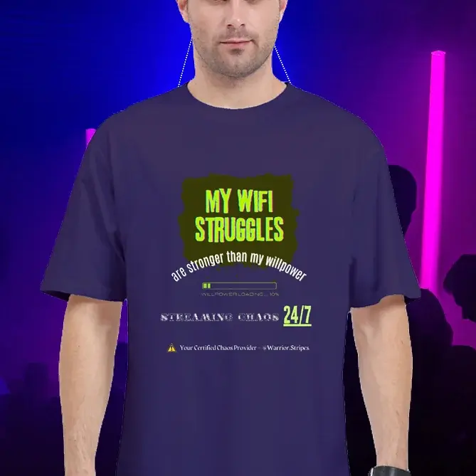 Purple unisex T-shirt with neon green “My WiFi Struggles” graphic by Warrior Stripes.
