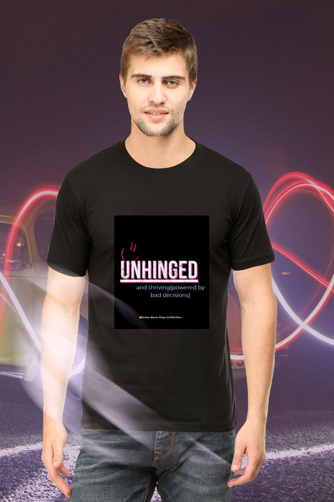 Unhinged graphic t-shirt in jet black with bold distressed white lettering, magenta shadows, and cheeky subtext in cyan blue.