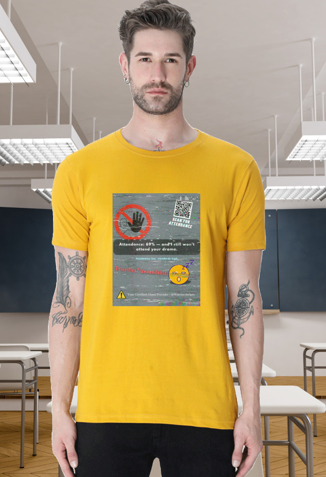 Eye-catching mustard tee with digital glitch, emoji sarcasm, and a scannable QR that screams Gen-Z energy.