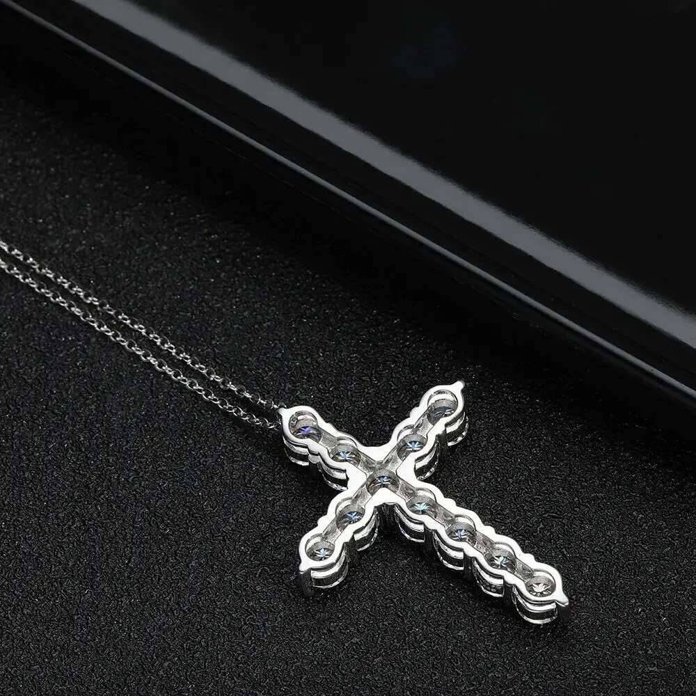 Full Moissanite Cross Pendant Original Sterg Sliver Chain Plated White Gold Fine