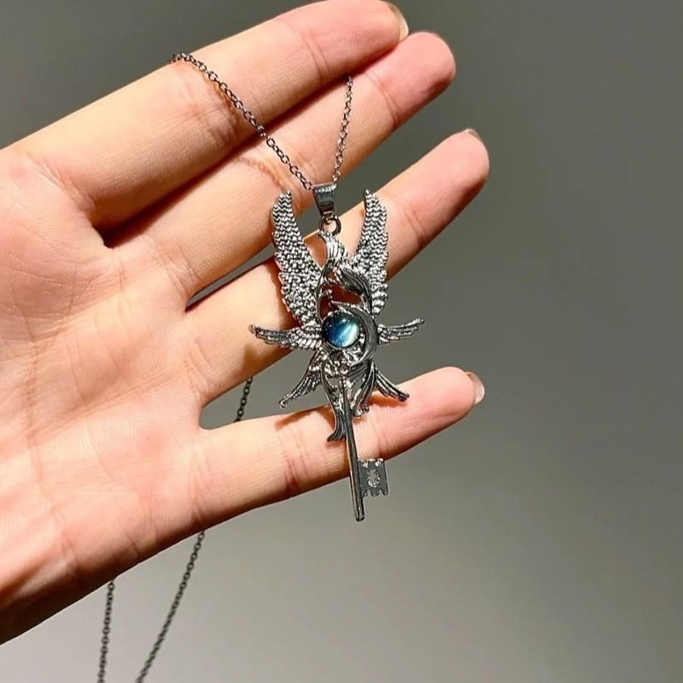Thumbnail: Retro Personality Revenge Angel Blue Moonlight Gemstone Angel Wings Key Pendant 