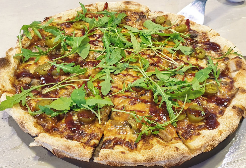 The BBQ Mushroom and Jalapeno Pizza has a sourdough base and is complemented with a medley of mushrooms, slices of jalapeno and generous sprinkles of arugula.