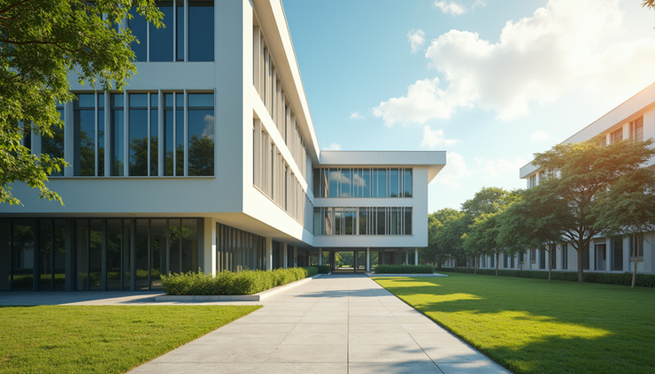 Eye-level view of a modern university campus building in Malaysia