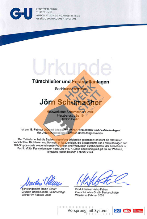 Zertifikat: Türschließer und Feststellanlagen