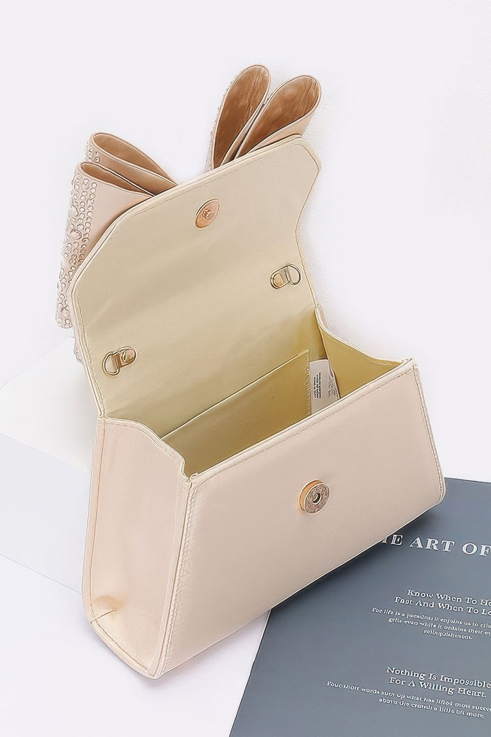 Thumbnail: Rhinestone Ribbon Top Handle Satin Flap Bag