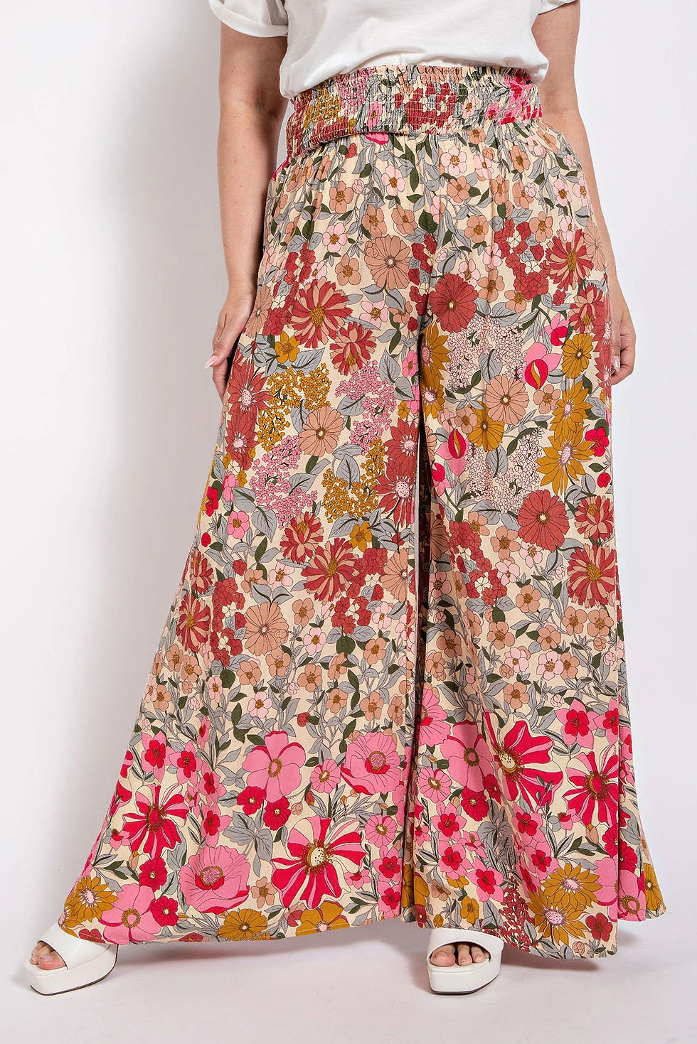 Flare Wide Leg And Waist Smocked Pants With Side Pocket