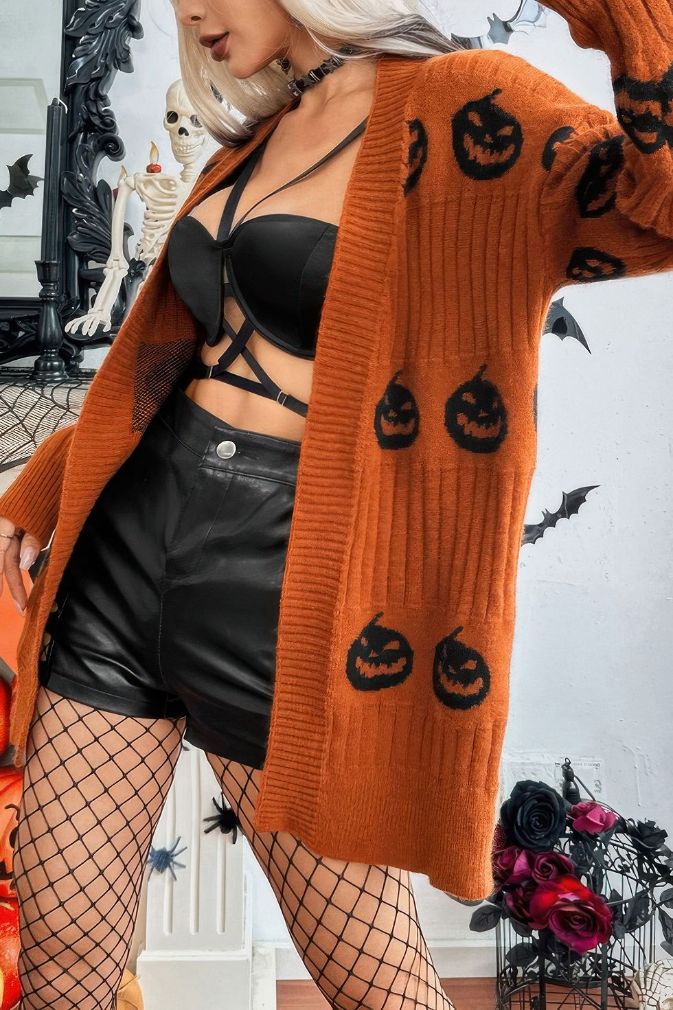Thumbnail: Pumpkin Print Open Front Long Sleeve Cardigan