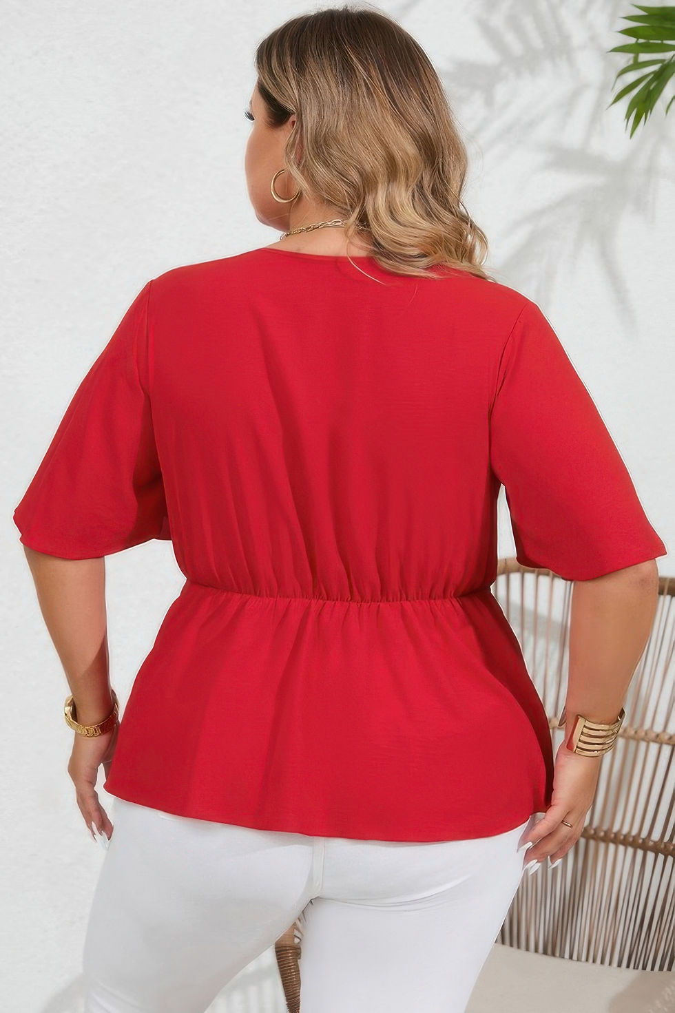 Thumbnail: Plus Tie Front Half Button V Neck Solid Blouse