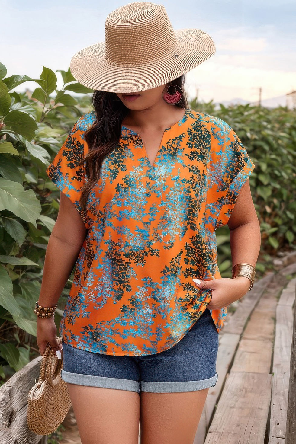 Thumbnail: Plus Floral V Neck Batwing Sleeve Loose Shirt