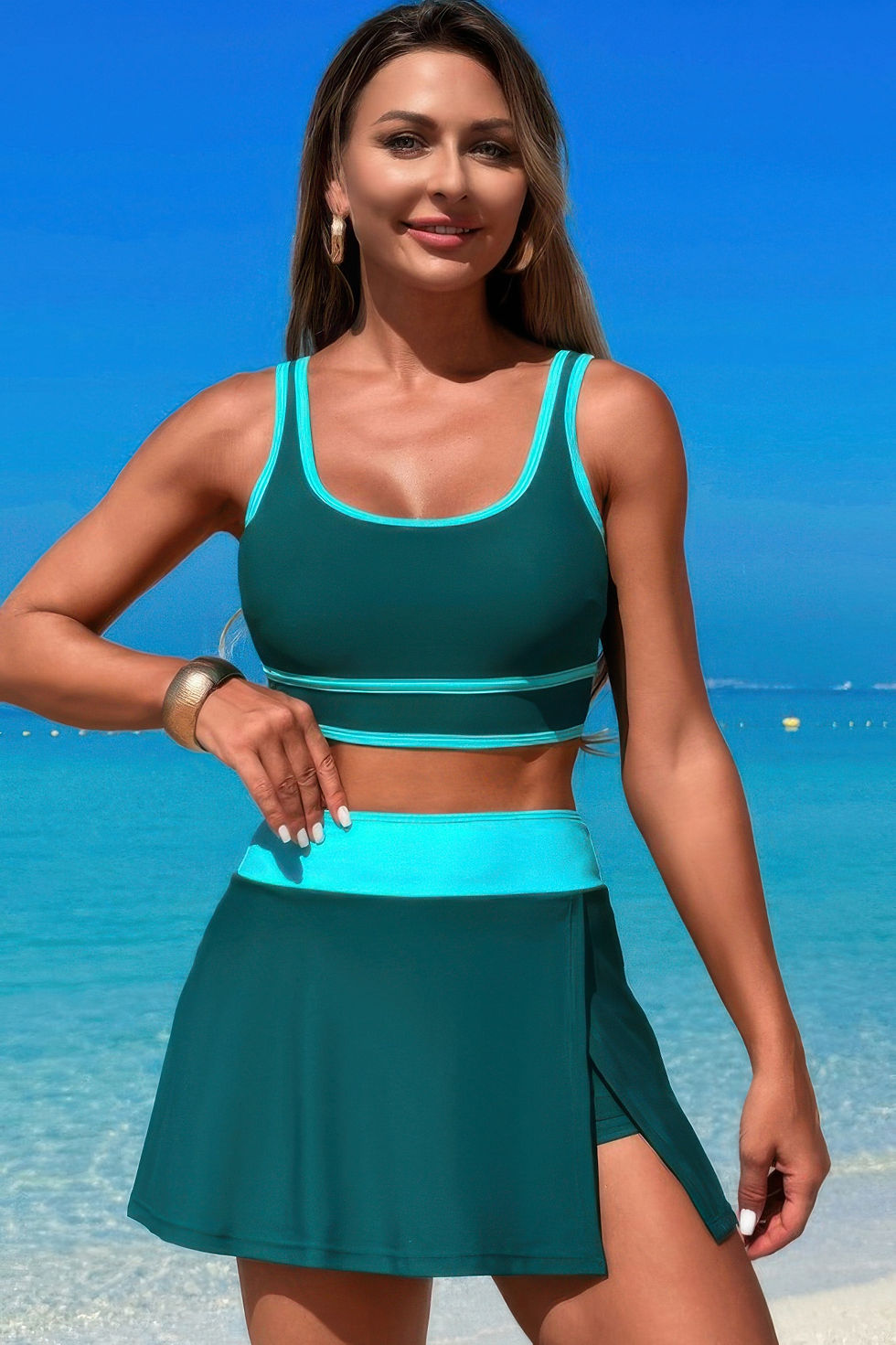 Thumbnail: Color Block Two Pieces High Waisted Skirt Swimsuit