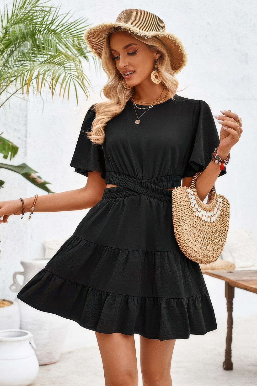 Thumbnail: Cross Cut Out Fit Elastic Waist Ruffle Dress