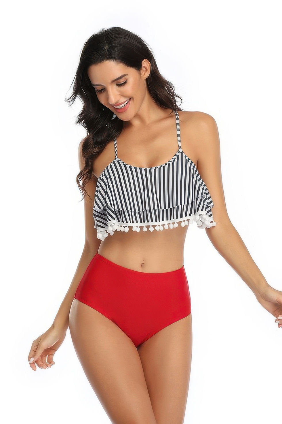 Thumbnail: Strip Sleeveless High Waist Ruffle Bikini Sets