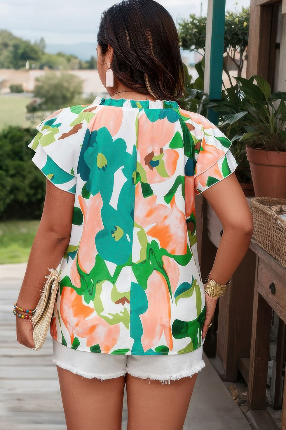 Thumbnail: Plus Random Print Ruffled Sleeve Boho Blouse