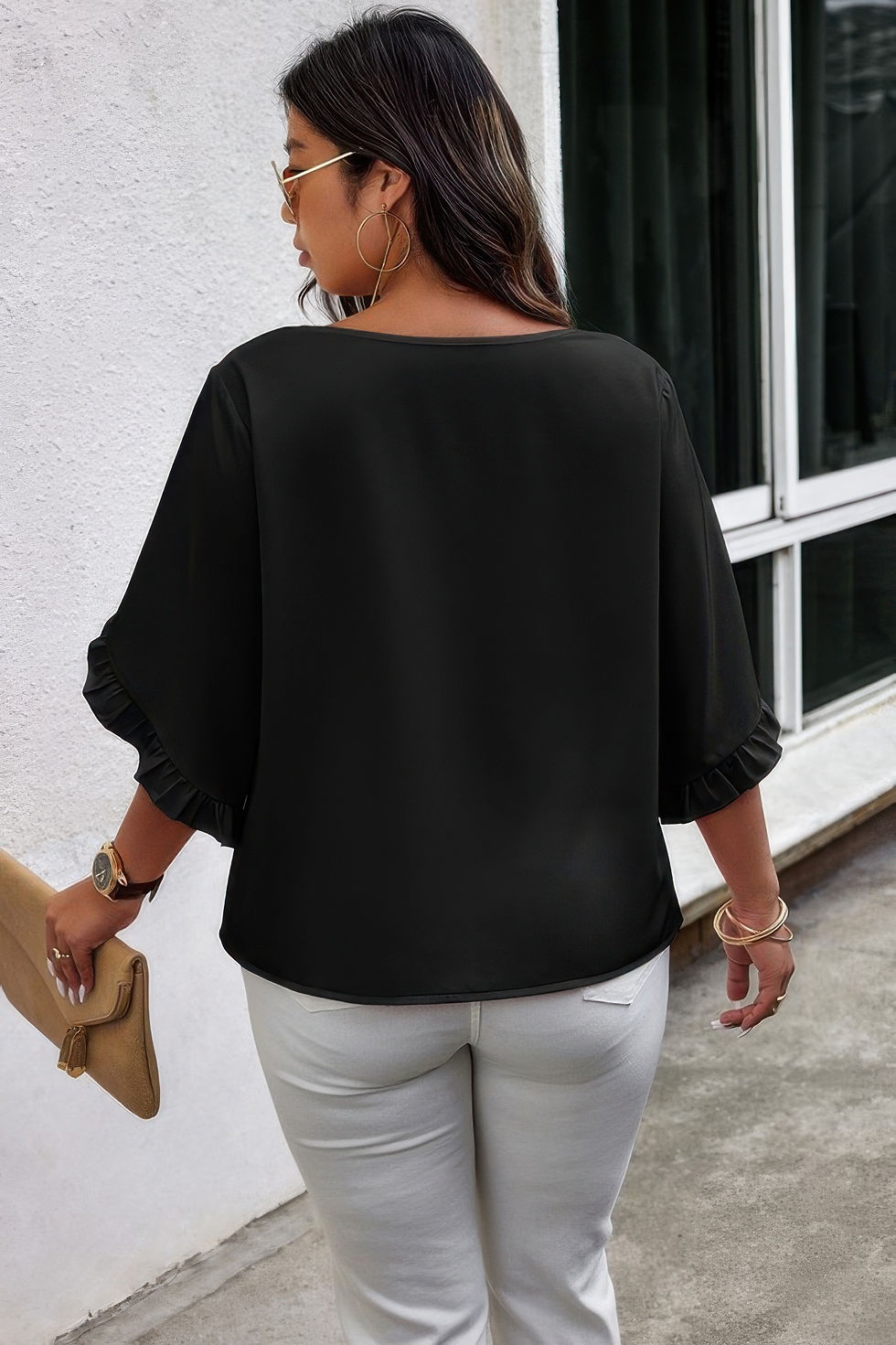 Thumbnail: Solid Plus V Neck Ruffle Trim Petal Sleeve Blouse