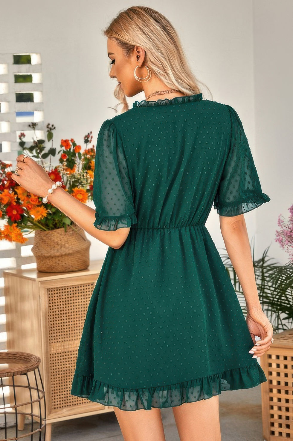 Thumbnail: Swiss Dot Frill Trim Puff Sleeve Surplice Dress